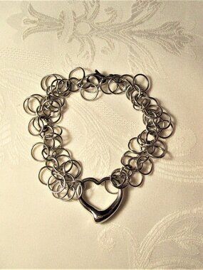Vintage 1980s Stainless Steel Heart and Rings Chain Bracelet